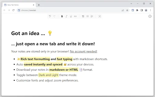 New Tab Notes: Mabilis at Simpleng Notepad sa Chrome Browser - Screenshot 1